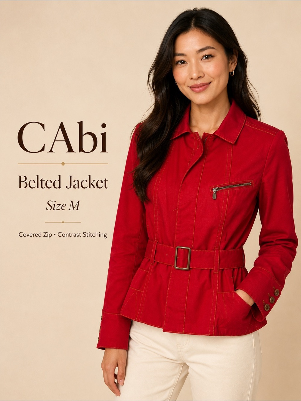 CAbi Red Belted Zip Front Utility Jacket Size M